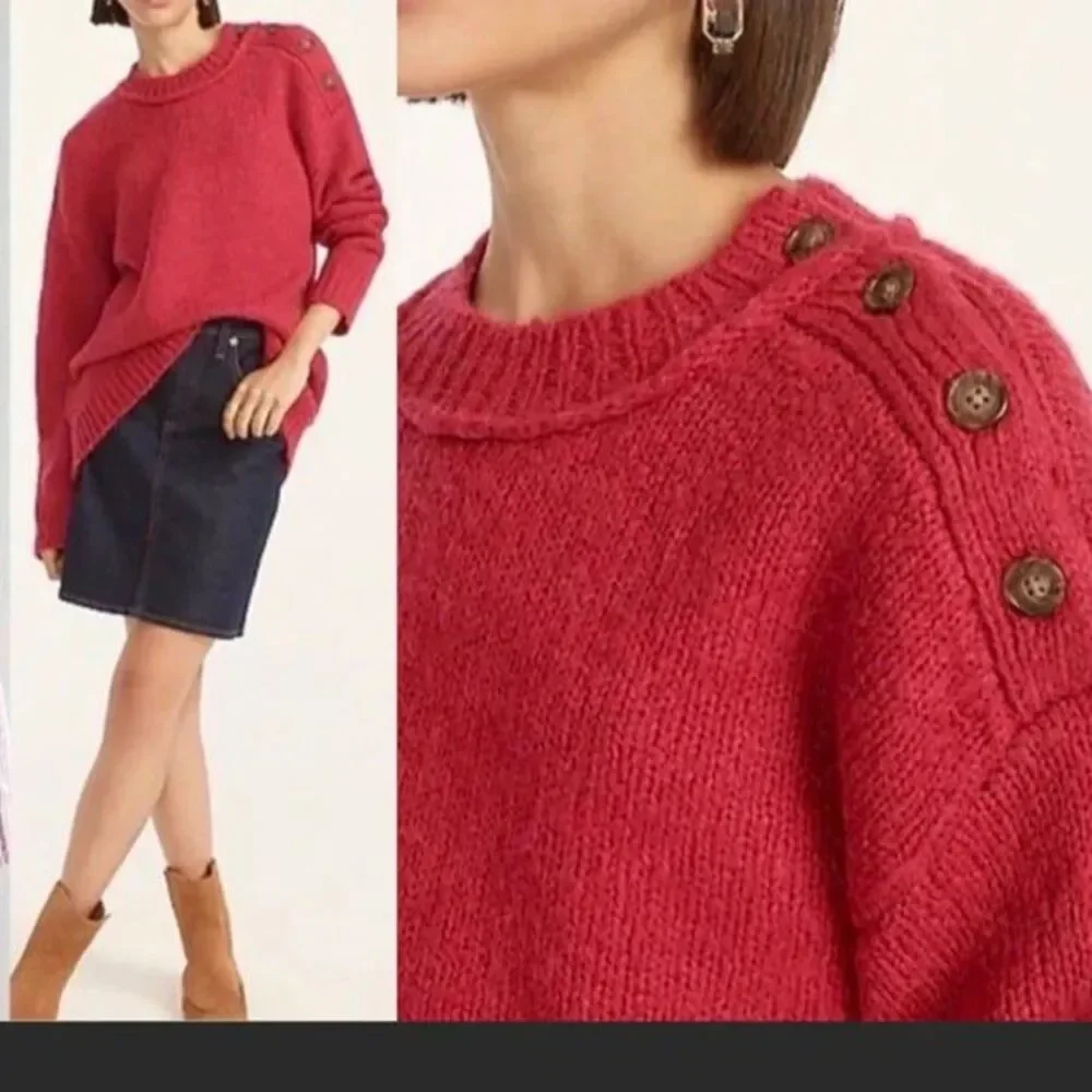 J.Crew Size M Alpaca Wool Raspberry Red Shoulder Button Fuzzy Pullover Sweater